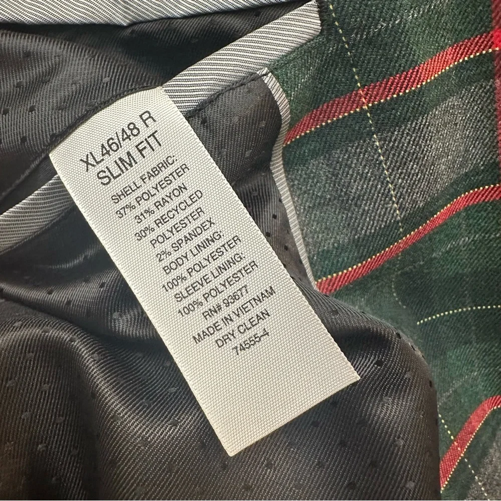 JF J Ferrar Sports Coat Slim Suit Jacket Men's XL 46/48 R Plaid Red Green